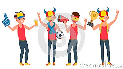 Sports Supporting Team Vector. Guys Fans Cheer For Team. Different Poses. Cartoon Character Illustration Vector Illustration