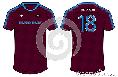 Sports t-shirt jersey design vector template, mock up sports kit with front and back view for soccer, cricket, and rugby in maroon Vector Illustration