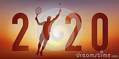 Illustration for a presentation of the agenda of the 2020 tennis season, with a tennis player who marks a point of a setback Stock Photo