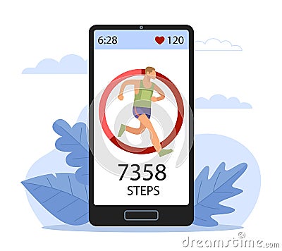 Sports tracker. Heart rate monitoring device, step counter, daily footsteps, running man on smartphone device screen Vector Illustration