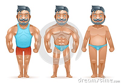 Before after sports weight loss bodybuilder muscular fat man happy characters isolated 3d cartoon design vector Vector Illustration