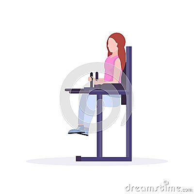 Sports woman doing press abdominal exercises raising legs up girl training in gym workout healthy lifestyle concept flat Vector Illustration