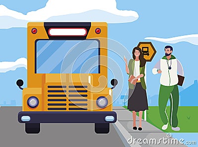 sports and woman teachers in stop bus Cartoon Illustration