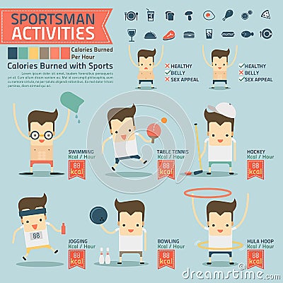 Sportsman activities and calories burned infographics with food Vector Illustration