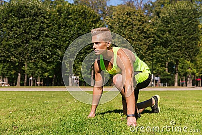 Sportsman with badge number on start of race Stock Photo