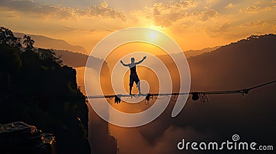 Sportsman courageously crossing a suspended bridge over an abyss in a canyon between mountains. Stock Photo