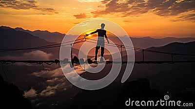 Sportsman courageously crossing a suspended bridge over an abyss in a canyon between mountains. Stock Photo