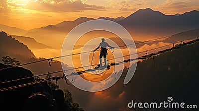 Sportsman courageously crossing a suspended bridge over an abyss in a canyon between mountains. Stock Photo