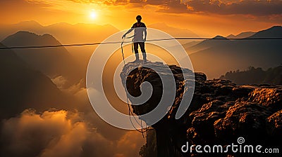 Sportsman courageously crossing a suspended bridge over an abyss in a canyon between mountains. Stock Photo