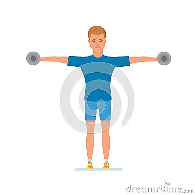 Sportsman engaged physical exercises, raises arms or hand with dumbbells. Vector Illustration