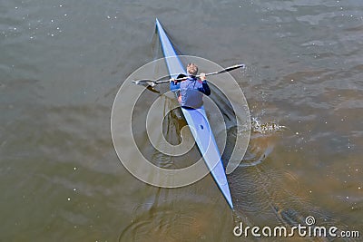 Sportsman on a kayak top view. Ðerial Top View of Man Kayaking on river Editorial Stock Photo