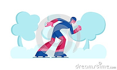 Sportsman Skater in Sportswear and Helmet Take Part in Speed Skating or Short Track Competition Moving Fast by Stadium Vector Illustration