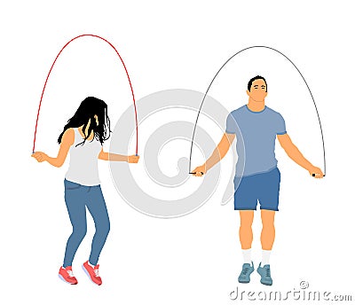 Sportsman skipping jump rope vector illustration. Woman fitness instructor. Sport couple exercise in gym. Athlete skipping rope. Vector Illustration