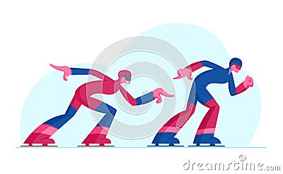 Sportsman and Sportswoman Speed Skaters in Sportswear and Helmet Short Track Competing or Training Exercising Vector Illustration