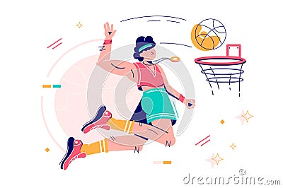 Sportsman throwing ball into basketball hoop Cartoon Illustration