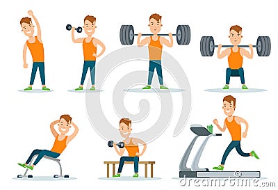 Sportsmen pumping iron and exercise in gym icon se Stock Photo