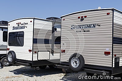 Sportsmen travel trailers by KZ for sale. KZ is a subsidiary of Thor Industries and manufactures different lines of RVs Editorial Stock Photo