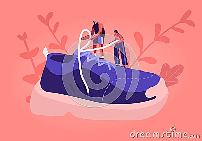 Sportswear and Shoes for Training Fashion Concept. Tiny Sportsman and Sportswoman Characters Tie Shoelaces Vector Illustration