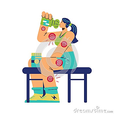 Sportswoman drinking supplements sitting on bench flat style Vector Illustration