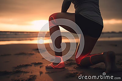 Sportswoman, knee pain or red glow by beach fitness, ocean workout or sea training in healthcare wellness crisis AI generated Stock Photo