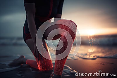 Sportswoman, knee pain or red glow by beach fitness, ocean workout or sea training in healthcare wellness crisis AI generated Stock Photo