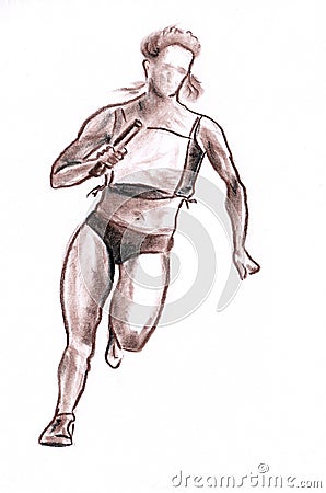 Sportswoman in relay race - drawn pastel pencil graphic artistic illustration on paper Cartoon Illustration