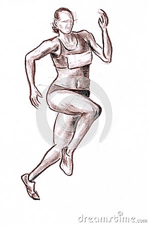Sportswoman runner - drawn pastel pencil graphic artistic illustration on paper Cartoon Illustration