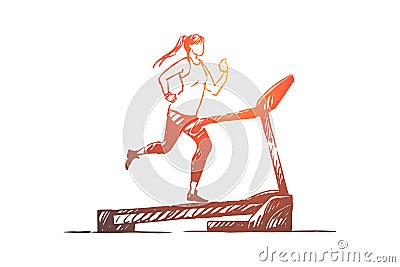 Sportswoman on running track, young woman using training apparatus for jogging, treadmill workout Vector Illustration
