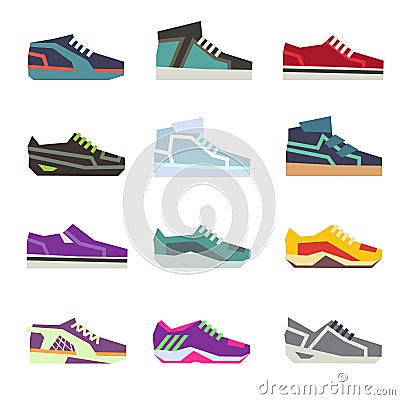 Sportwear shoes, different footwear sport flat vector set Vector Illustration