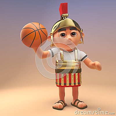 Sporty cartoon Roman legionnaire soldier holding a basketball, 3d illustration Cartoon Illustration