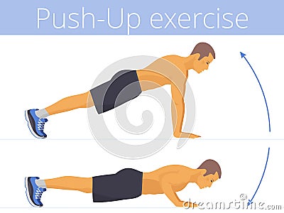 The sporty caucasian young man is doing the push-up exercise. Vector Illustration