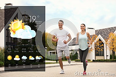 Sporty couple running and weather forecast widget. Mobile application Stock Photo