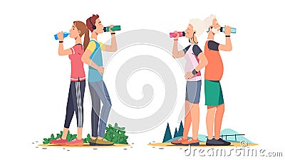 Sporty couples standing, resting, drinking water Vector Illustration