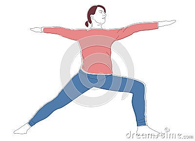 Woman practices Ashtanga Vinyasa Yoga asana Virabhadrasana 2 warrior pose. Vector Illustration