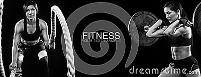 Sporty and fit women with dumbbell and battle rope exercising at black background to stay fit. Workout and fitness Stock Photo