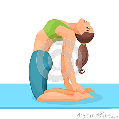 Sporty girl dragging by arms to legs through back with tossed head Vector Illustration