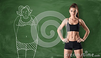 Sporty girl with slim body and picture of fat woman drawn at green chalkboard background Stock Photo