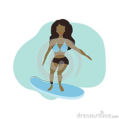 Sporty girl on the surf in a blue swimsuit and shorts Vector Illustration