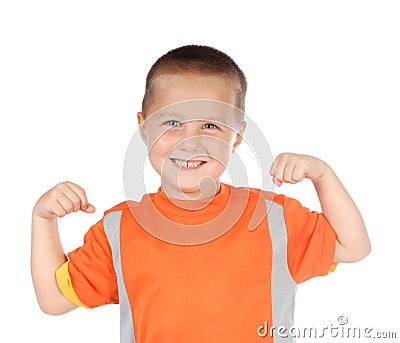 Sporty kid flexing Stock Photo