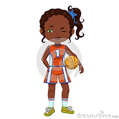 Adorable Fashionable Little African American Girl with Athletic Apparel and Basketball Stock Photo