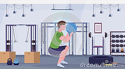 Sporty man doing squats exercises with medicine leather ball guy training cardio workout concept modern gym health Vector Illustration