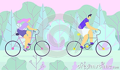 Sporty Man and Woman Couple Cycling in Forest Vector Illustration