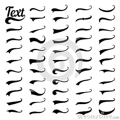 Sporty swirling tail football and baseball typography swashes. Swirled plume curly tails for retro style text vector set Vector Illustration