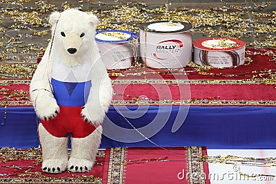 Sporty symbol white bear and podium for the awards Editorial Stock Photo