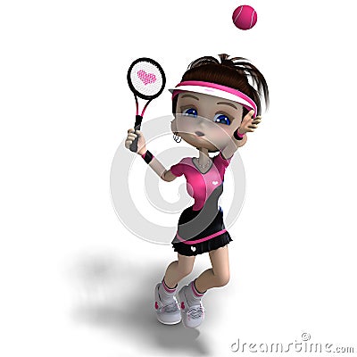 Sporty toon girl in pink clothes plays tennis Stock Photo