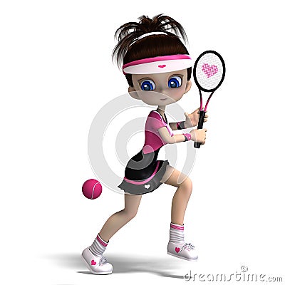 Sporty toon girl in pink clothes plays tennis Stock Photo