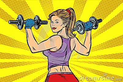 Pop art Sporty woman with dumbbells Vector Illustration