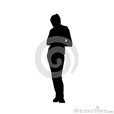 Sporty woman standing bending head forward. Front view. Black silhouette isolated on white background. Side view Vector Illustration