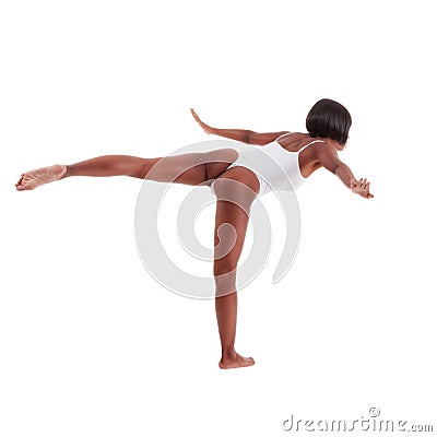 Sporty woman in white one piece swimsuit leotard Stock Photo