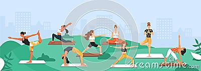 Sporty women practicing yoga in the park. Girls standing in various poses. Vector Illustration